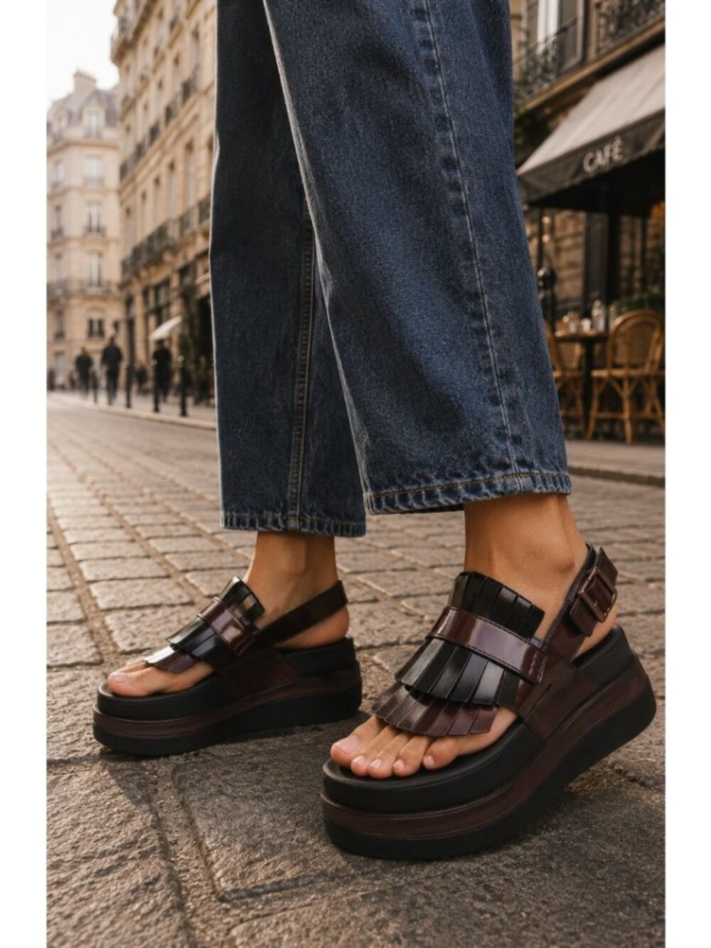 Fitflop F-MODE Stack Leather Toe-Post Sandals Black Merlot Size US 5 Chic Grunge
